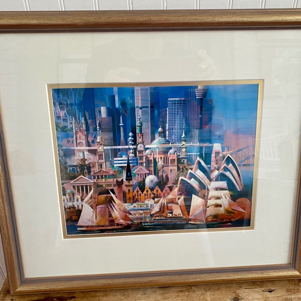 Art Print of Sydney Harbour,  Opera, Waterfront, Australia. Framed, Pinks, Blues
